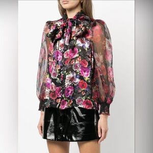 Alice + Olivia Brentley Floral Tie Neck Blouse COLOR Midnight Rose Size XS